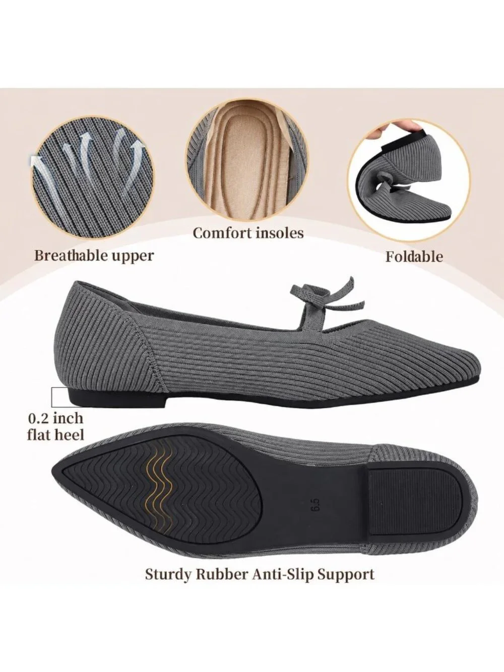 Women's Grey Pointed Toe Knit Ballet Flats Comfortable Pull On Casual Shoes